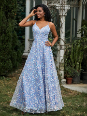 Lace Sequins Flowers A-line Dress Blue