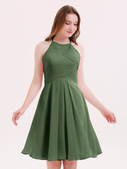 Halter Chiffon Short Dresses With Pocket Olive Green