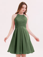 Halter Chiffon Short Dresses With Pocket Olive Green