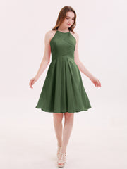 Halter Chiffon Short Dresses With Pocket Olive Green