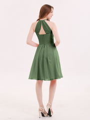 Halter Chiffon Short Dresses With Pocket Olive Green