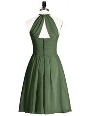 Halter Chiffon Short Dresses With Pocket Olive Green