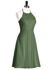 Halter Chiffon Short Dresses With Pocket Olive Green