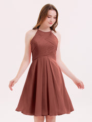 Halter Chiffon Short Dresses With Pocket Terracotta