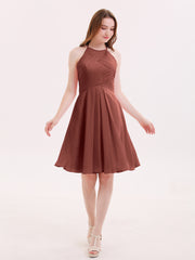 Halter Chiffon Short Dresses With Pocket Terracotta