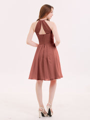 Halter Chiffon Short Dresses With Pocket Terracotta
