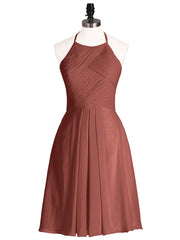 Halter Chiffon Short Dresses With Pocket Terracotta