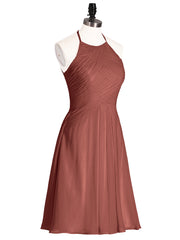 Halter Chiffon Short Dresses With Pocket Terracotta