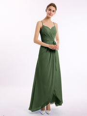 Spaghetti Strap Chiffon Gown with Asymmetrical Hems Olive Green