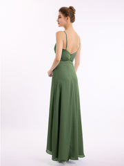 Spaghetti Strap Chiffon Gown with Asymmetrical Hems Olive Green
