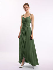 Spaghetti Strap Chiffon Gown with Asymmetrical Hems Olive Green