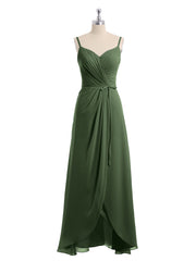 Spaghetti Strap Chiffon Gown with Asymmetrical Hems Olive Green
