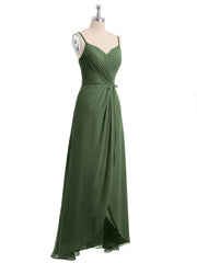 Spaghetti Strap Chiffon Gown with Asymmetrical Hems Olive Green