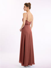 Spaghetti Strap Chiffon Gown with Asymmetrical Hems Terracotta