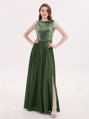 Sequins Bodice Chiffon Skirt Long Dresses Olive Green