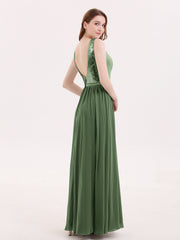 Sequins Bodice Chiffon Skirt Long Dresses Olive Green