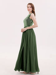 Sequins Bodice Chiffon Skirt Long Dresses Olive Green