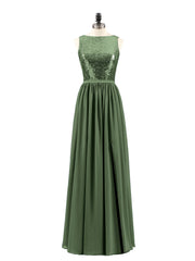 Sequins Bodice Chiffon Skirt Long Dresses Olive Green
