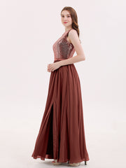 Sequins Bodice Chiffon Skirt Long Dresses Terracotta