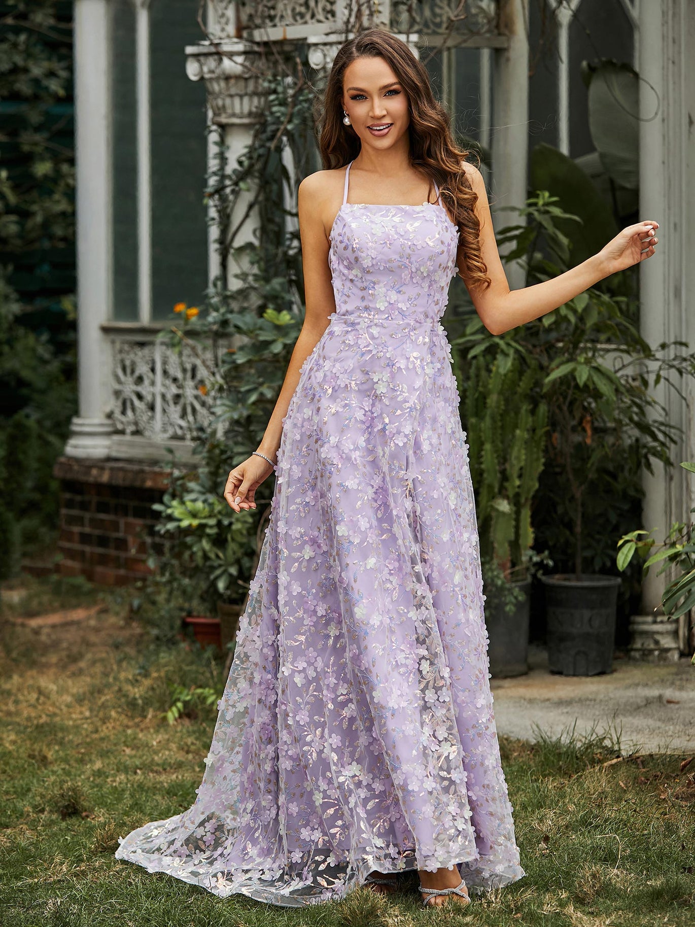 BABARONI Lace Lilac Prom Dresses A-line Square Appliqued Spaghetti Straps –  BABARONI UK