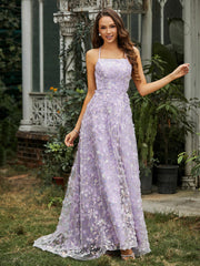 A-line Sweep Train Floral Dress With Slit Lilac