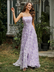 A-line Sweep Train Floral Dress With Slit Lilac