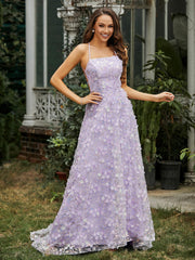 A-line Sweep Train Floral Dress With Slit Lilac