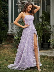 A-line Sweep Train Floral Dress With Slit Lilac