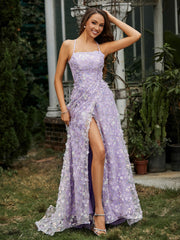A-line Sweep Train Floral Dress With Slit Lilac Plus Size