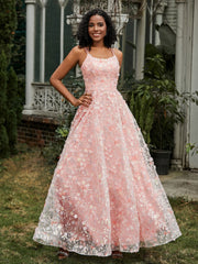 Scoop Neckline Appliqued Lace-up Prom Dress Coral