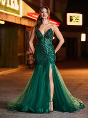 Strapless Sequined Trumpet Maxi Dress with Train and Slit Dark Green