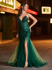 Strapless Sequined Trumpet Maxi Dress with Train and Slit Dark Green
