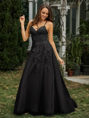 Sweetheart Appliqued Beaded Sweep Train Dress Black