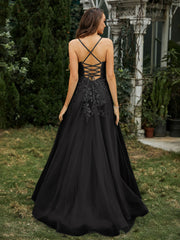 Sweetheart Appliqued Beaded Sweep Train Dress Black