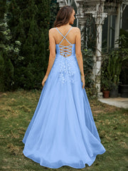 Sweetheart Appliqued Beaded Sweep Train Dress Blue Plus Size