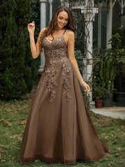 Sweetheart Appliqued Beaded Sweep Train Dress Brown