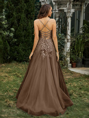 Sweetheart Appliqued Beaded Sweep Train Dress Brown