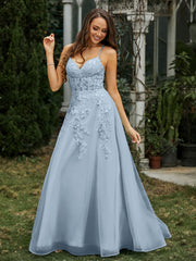 Sweetheart Appliqued Beaded Sweep Train Dress Dusty Blue Plus Size