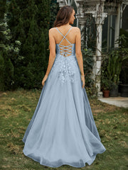 Sweetheart Appliqued Beaded Sweep Train Dress Dusty Blue Plus Size