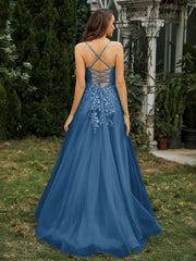 Sweetheart Appliqued Beaded Sweep Train Dress Ink Blue