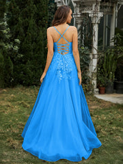 Sweetheart Appliqued Beaded Sweep Train Dress Ocean Blue