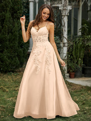 Sweetheart Appliqued Beaded Sweep Train Dress Peach