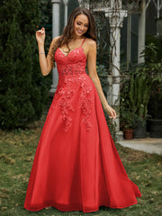Sweetheart Appliqued Beaded Sweep Train Dress Red