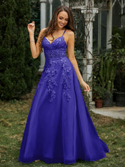 Sweetheart Appliqued Beaded Sweep Train Dress Royal Blue