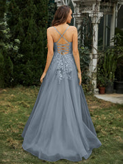 Sweetheart Appliqued Beaded Sweep Train Dress Slate Blue