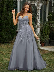 Sweetheart Appliqued Beaded Sweep Train Dress Steel Grey