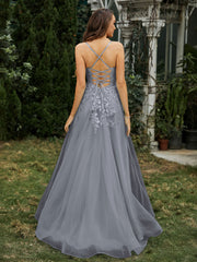 Sweetheart Appliqued Beaded Sweep Train Dress Steel Grey