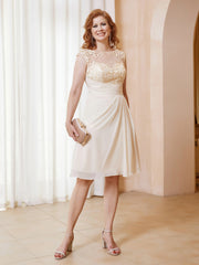 Illusion Neckline Chiffon Knee-Length Lace Dress Champagne