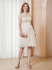 Illusion Neckline Chiffon Knee-Length Lace Dress Champagne