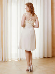 Illusion Neckline Chiffon Knee-Length Lace Dress Champagne